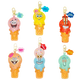 Set of colorful ice cream cone keychains with cartoon characters on a white background