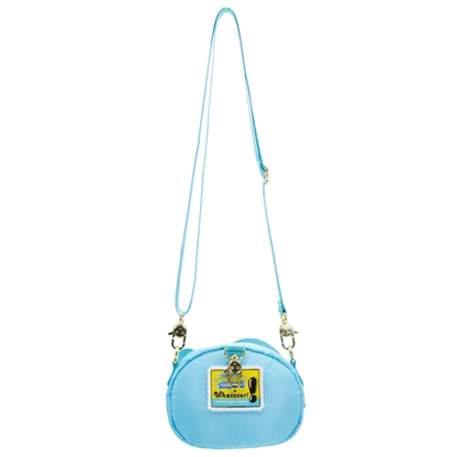 Light blue crossbody bag with a strap on a white background