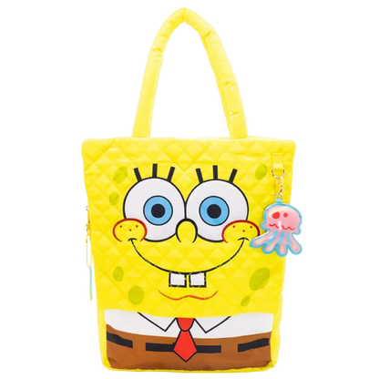 Yellow tote bag with a cartoon character face on a white background