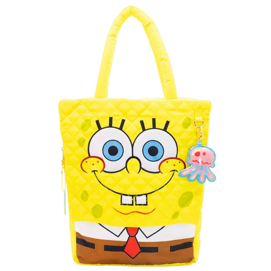 Yellow tote bag with a cartoon character face on a white background