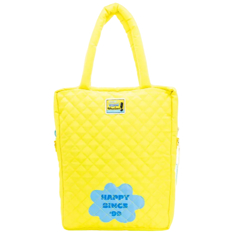 Yellow quilted tote bag with blue 'Happy Since 98' design on a white background