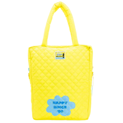 Yellow quilted tote bag with blue 'Happy Since 98' design on a white background