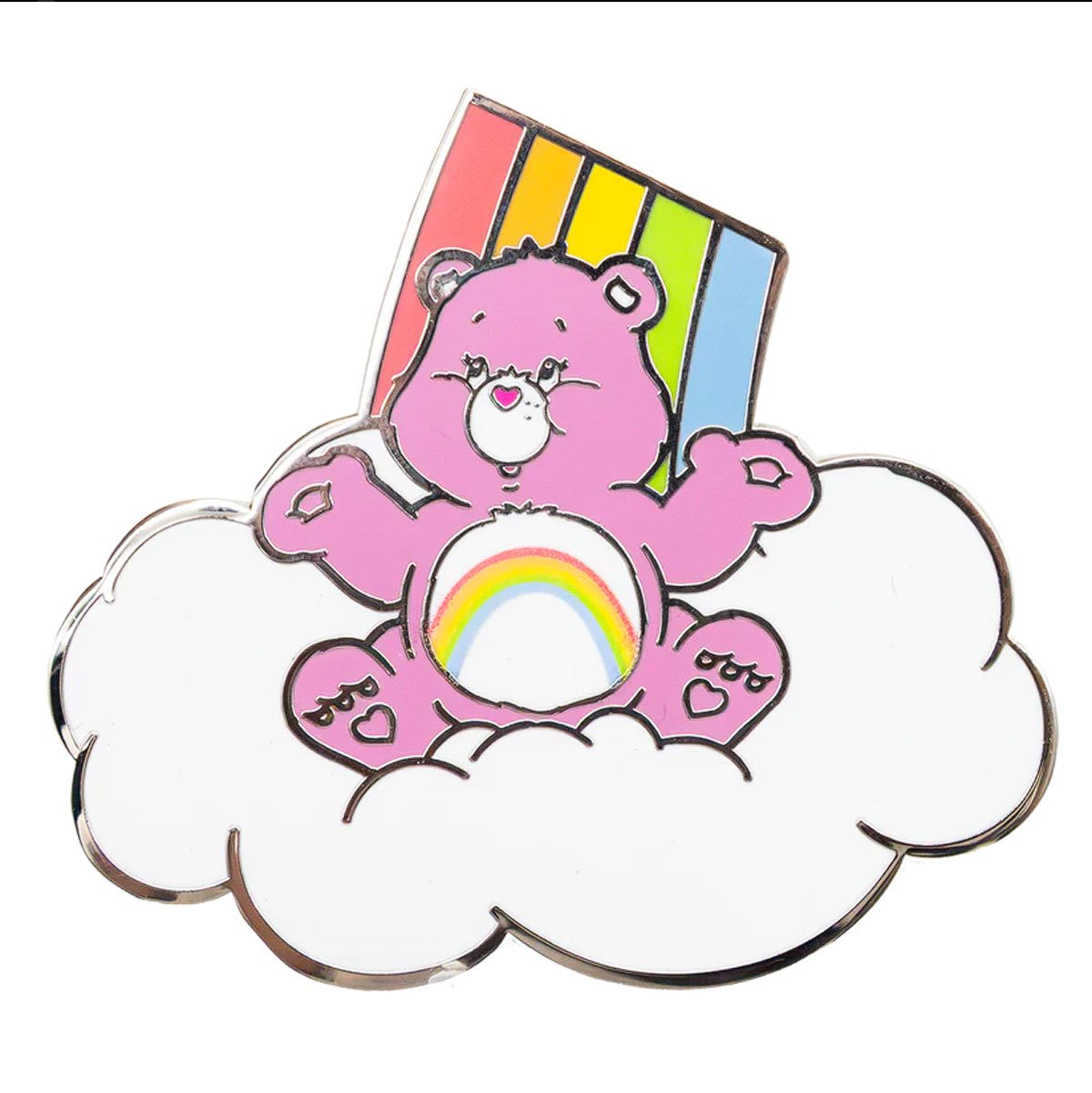 Pink cartoon bear with rainbow on a cloud