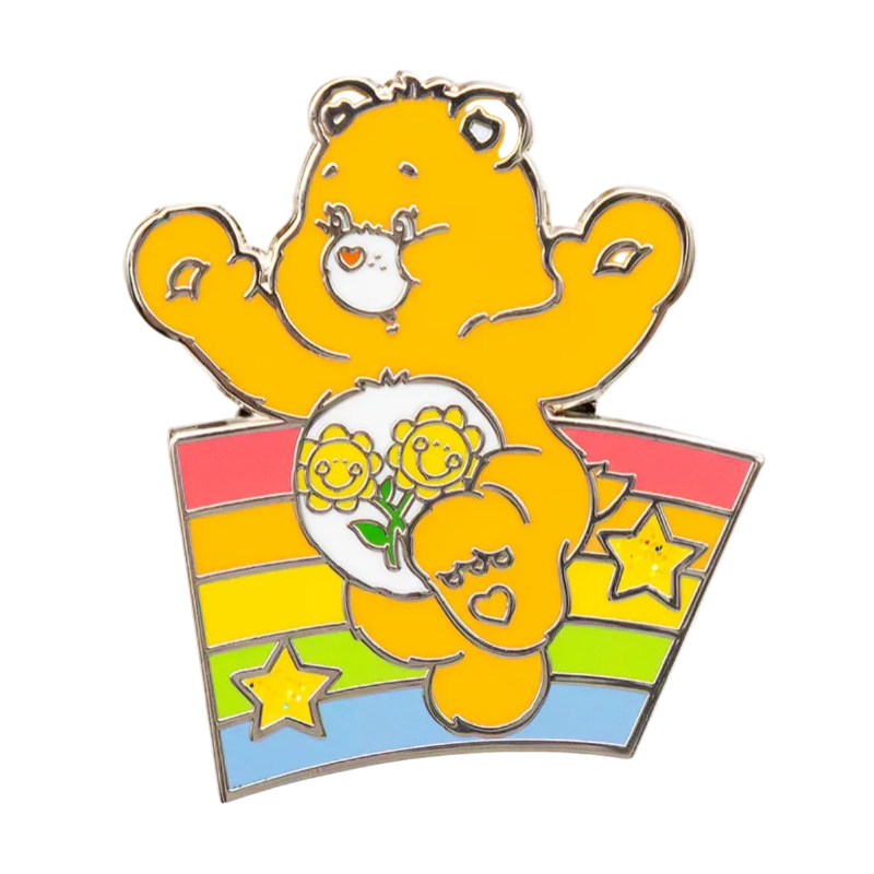 Colorful bear-shaped pin with rainbow design on a white background