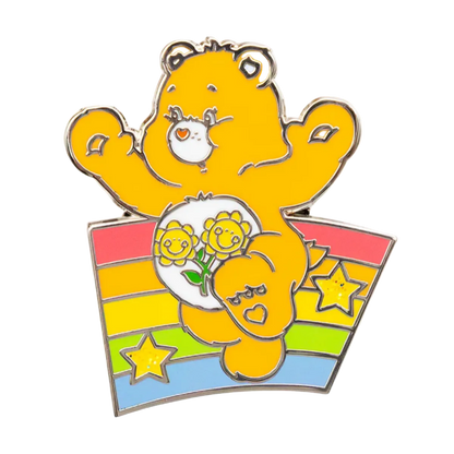 Colorful bear-shaped pin with rainbow design on a white background