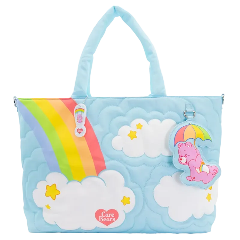 Children's tote bag with rainbow, clouds, and Care Bear design on a white background
