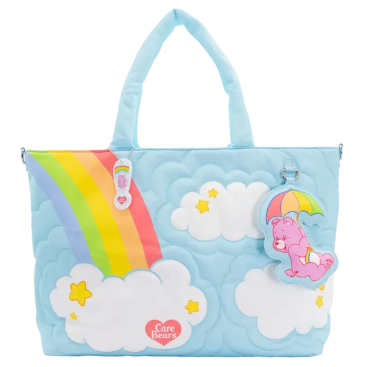 Children's tote bag with rainbow, clouds, and Care Bear design on a white background