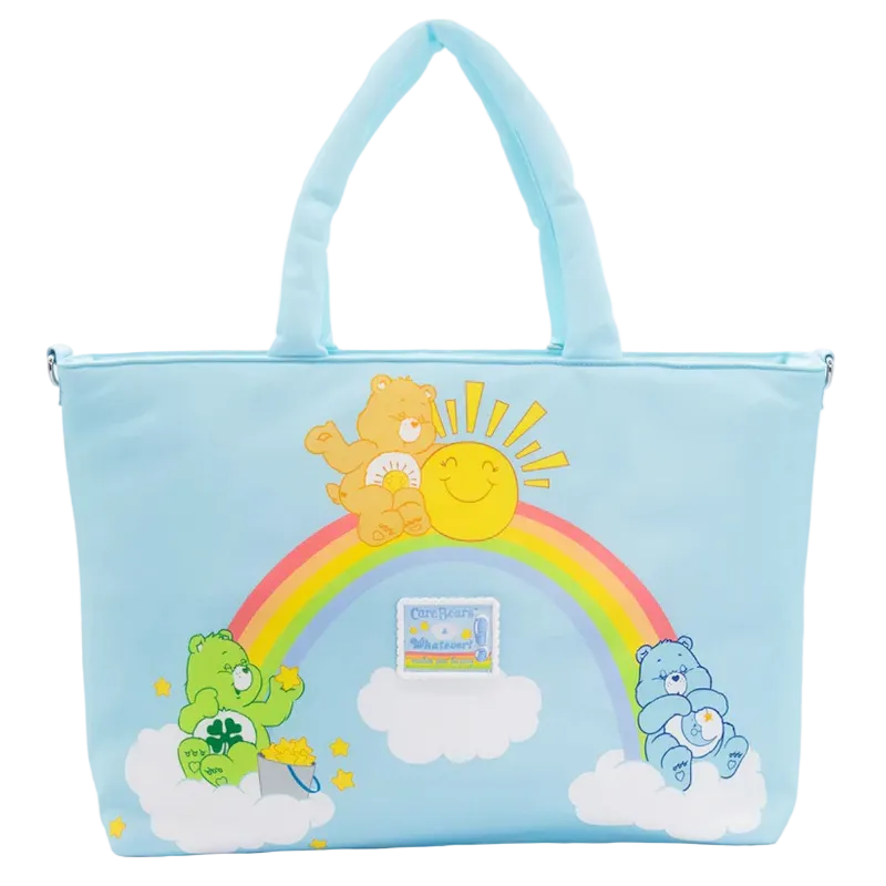 Light blue tote bag with cartoon characters and a rainbow on a white background