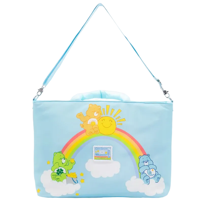 Light blue bag with cartoon characters and rainbow design on a white background