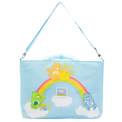 Light blue bag with cartoon characters and rainbow design on a white background