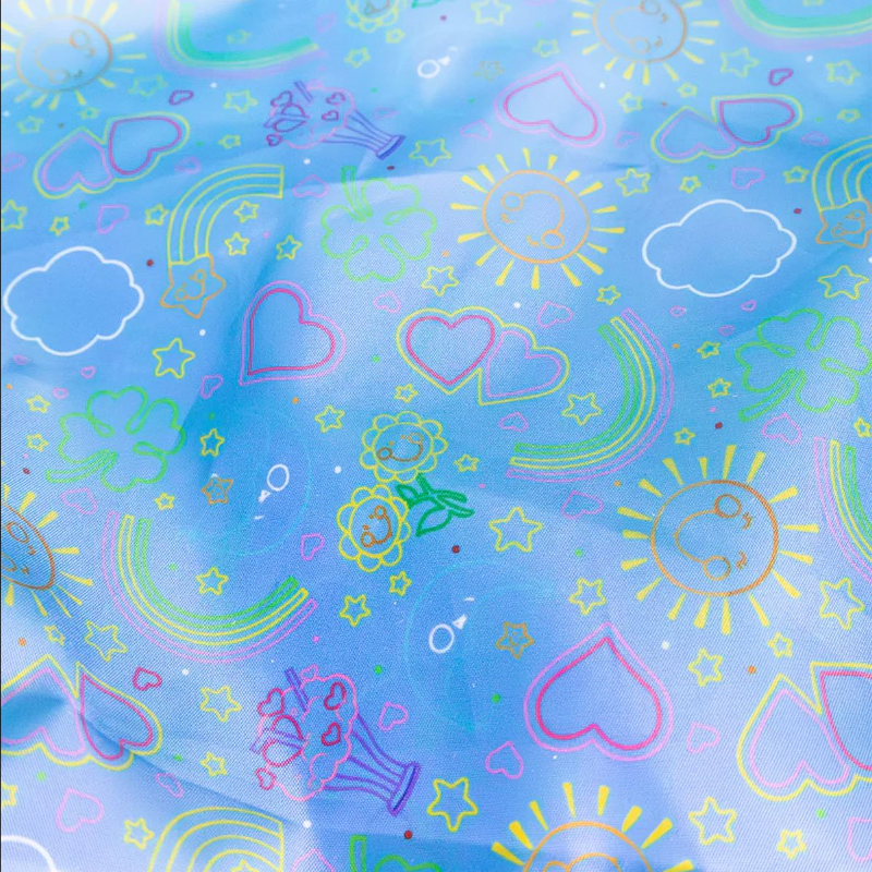Colorful pattern of hearts, stars, and flowers on a blue background