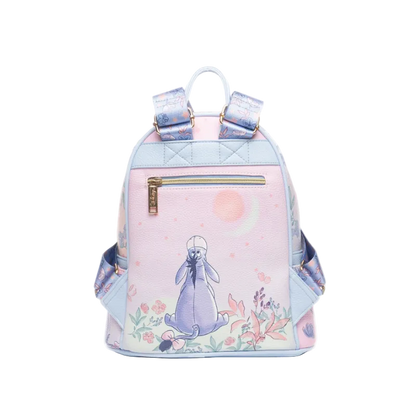 Pastel-colored backpack with a character design on a white background
