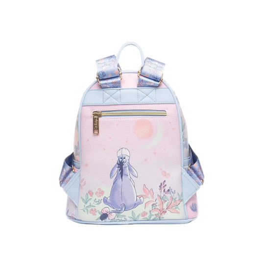 Pastel-colored backpack with a character design on a white background