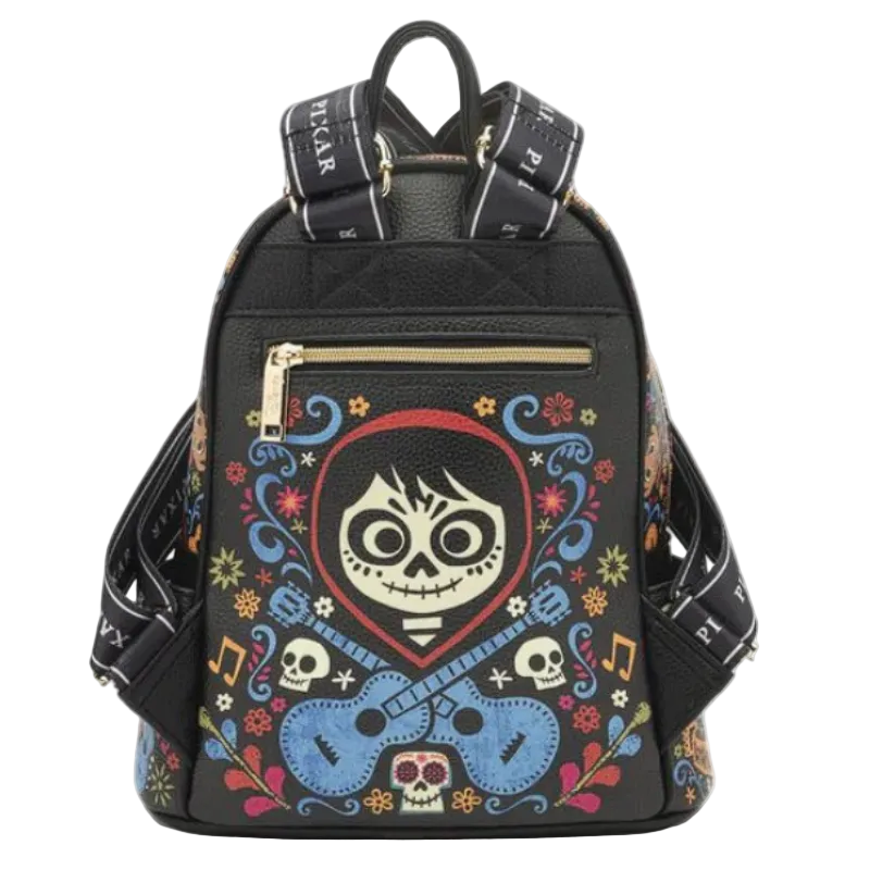 Black backpack with colorful skull and guitar design on a white background