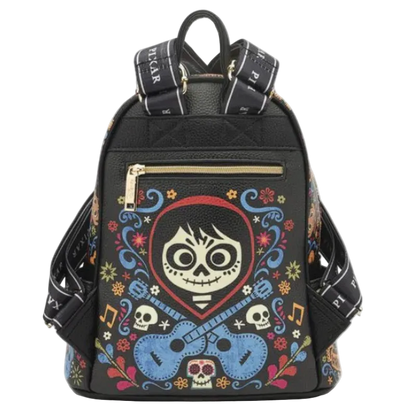 Black backpack with colorful skull and guitar design on a white background