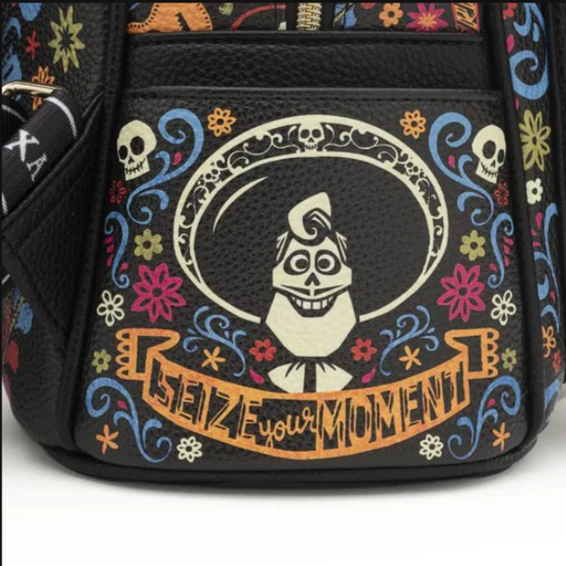 Colorful bag with a skull design and 'Seize Your Moment' text on a black background