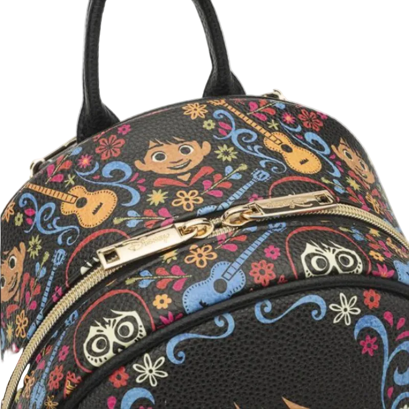 Colorful backpack with floral and musical instrument patterns on a black background