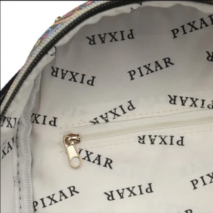 Close-up of a bag with Pixar logo pattern