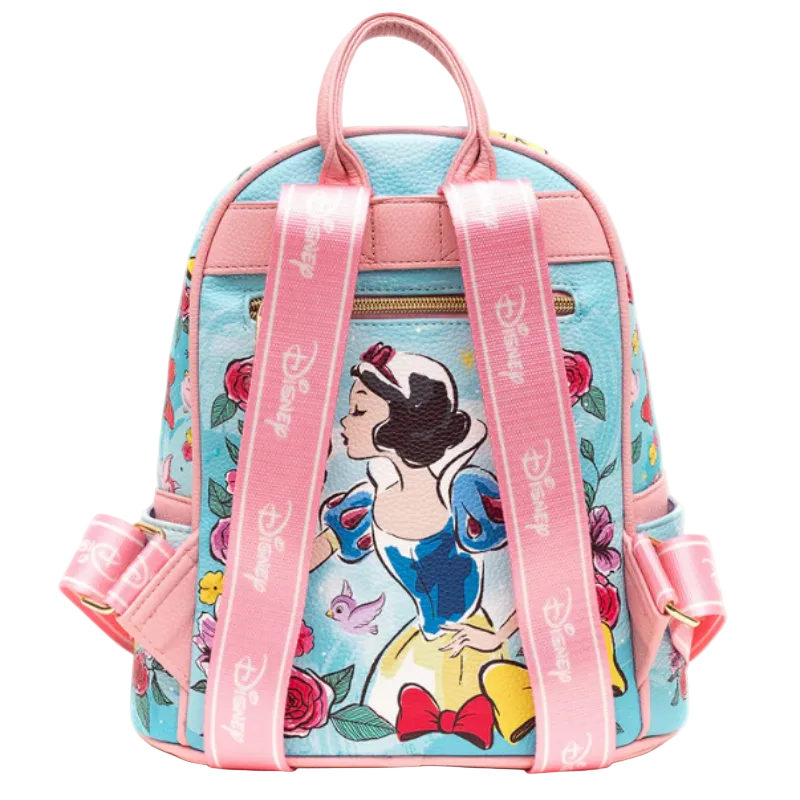 Backpack with Snow White design and pink straps on a white background