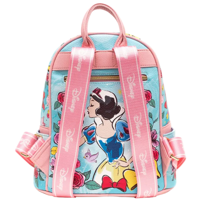 Backpack with Snow White design and pink straps on a white background