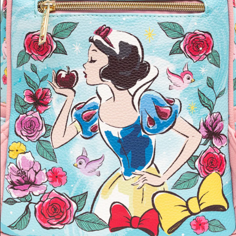 Snow White-themed pouch with floral design and character illustration.