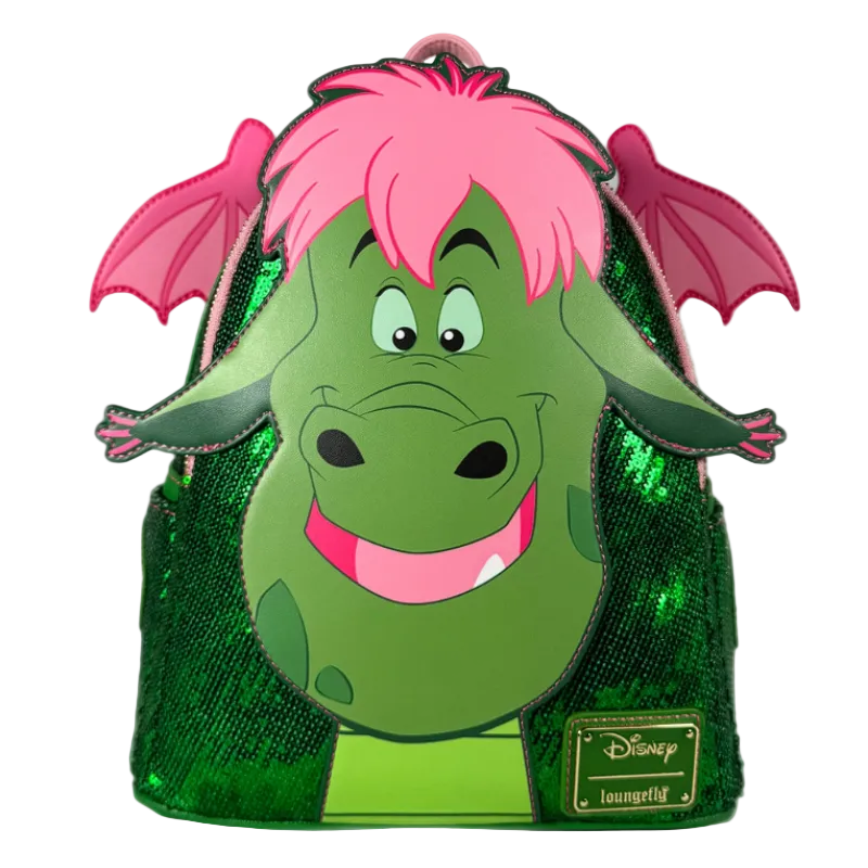 Green dragon with pink hair and wings, sparkly green body, Disney Loungefly label.