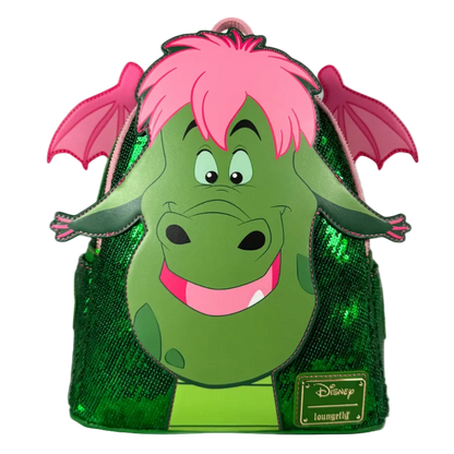 Green dragon with pink hair and wings, sparkly green body, Disney Loungefly label.