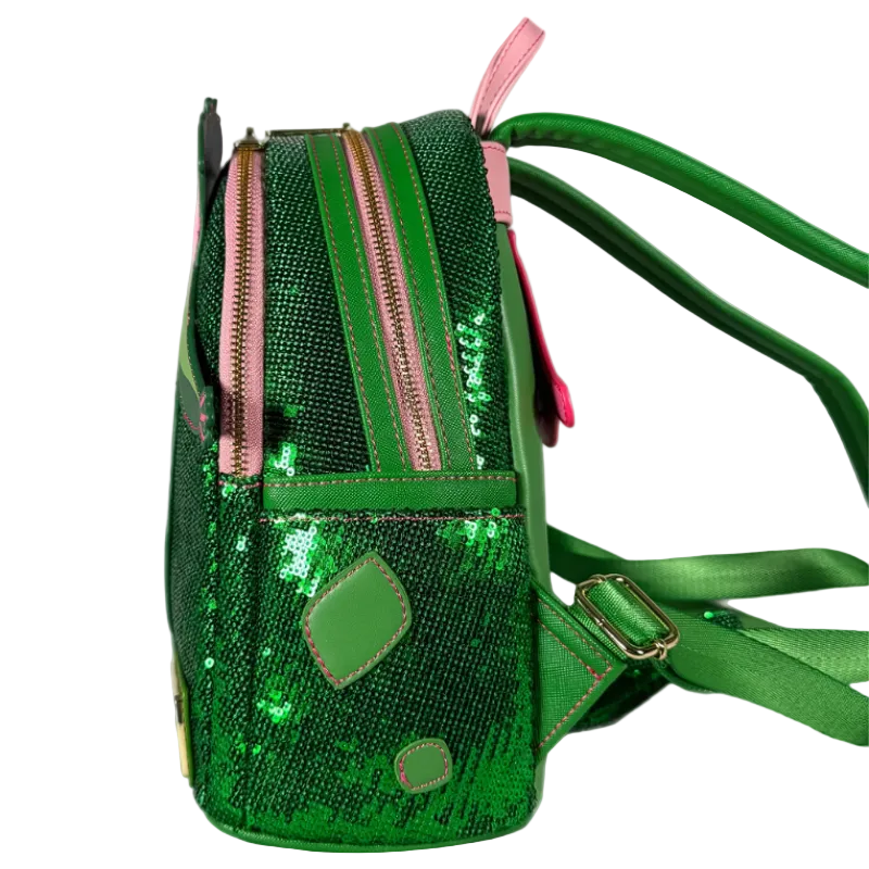 Green sequin backpack with pink zipper on a white background