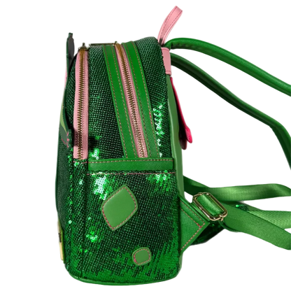 Green sequin backpack with pink zipper on a white background