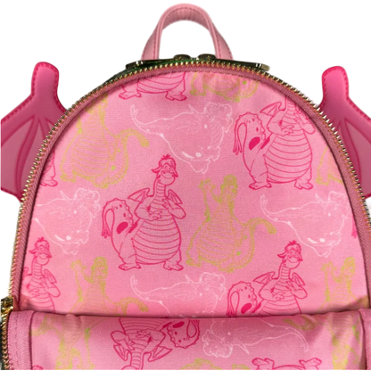 Pink backpack with cartoon character pattern on a white background