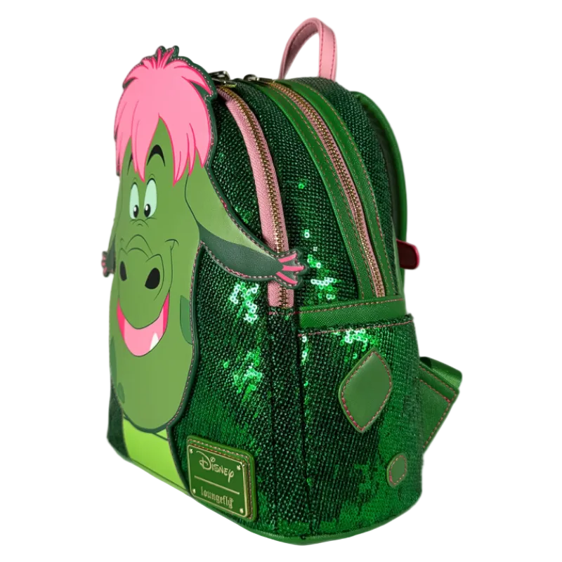 Green sequined backpack with cartoon character face on a white background