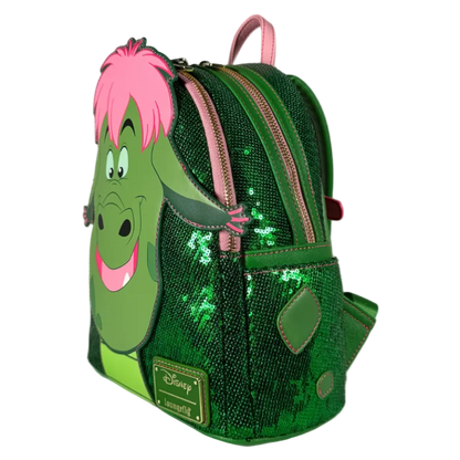 Green sequined backpack with cartoon character face on a white background