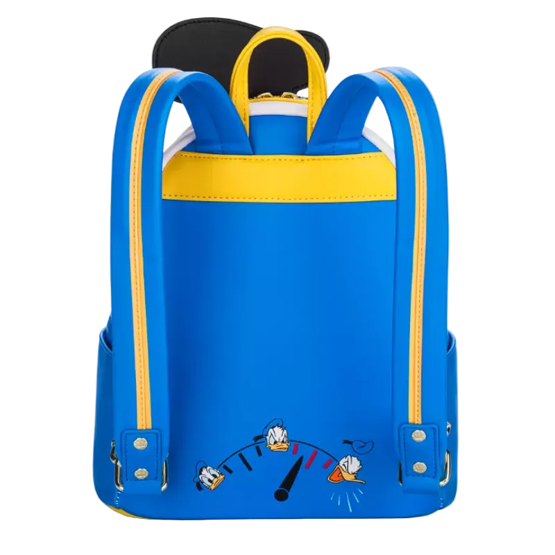 Blue backpack with yellow straps and cartoon design on a white background