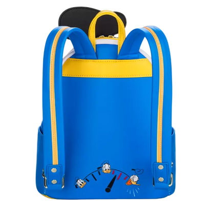 Blue backpack with yellow straps and cartoon design on a white background