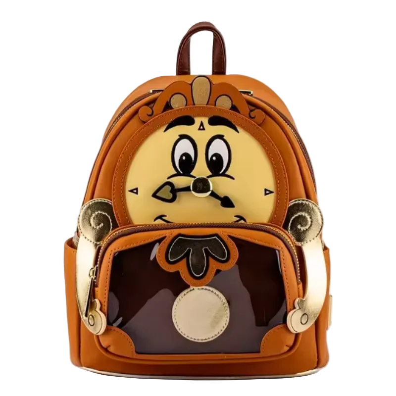 Backpack with cartoon character face on a white background, featuring the brand 'loungefly'.