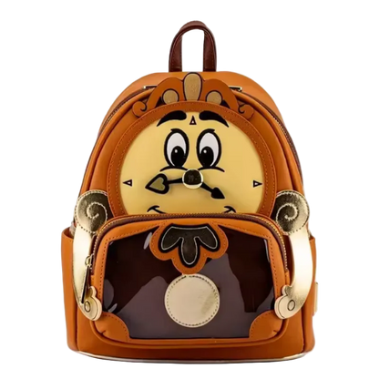 Backpack with cartoon character face on a white background, featuring the brand 'loungefly'.