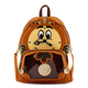 Backpack with cartoon character face on a white background, featuring the brand 'loungefly'.