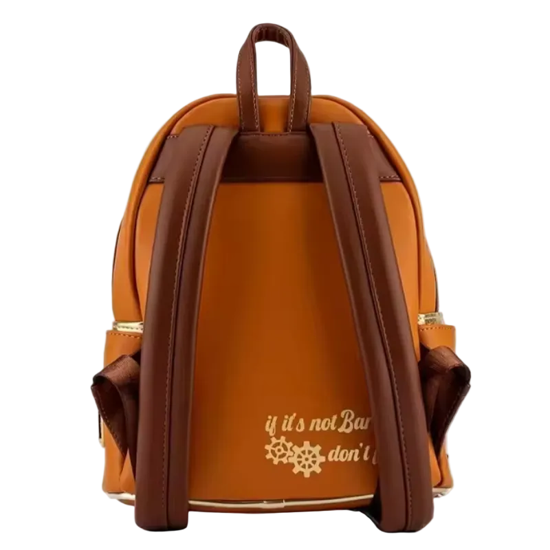 Orange backpack with brown straps on a white background