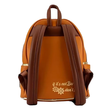Orange backpack with brown straps on a white background