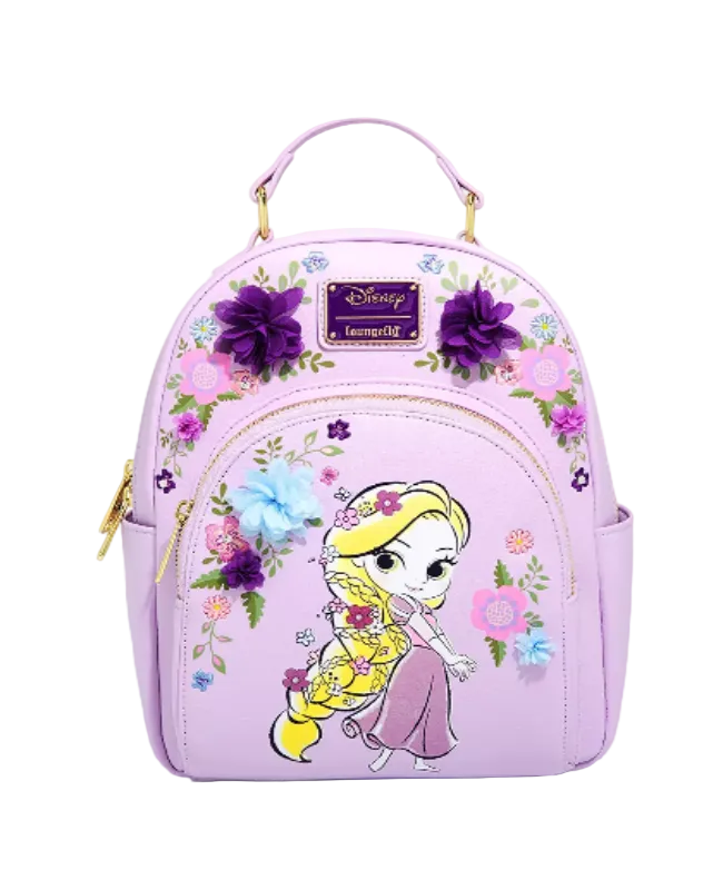 Pink backpack with Disney character and floral designs on a white background