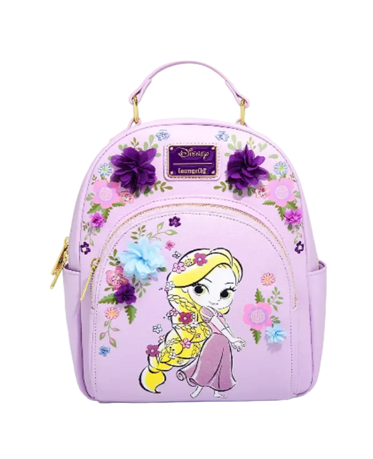 Pink backpack with Disney character and floral designs on a white background