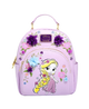 Pink backpack with Disney character and floral designs on a white background