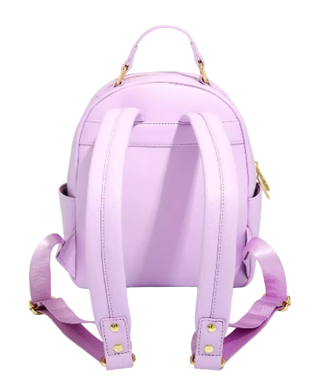 Lavender backpack with gold accents on a white background