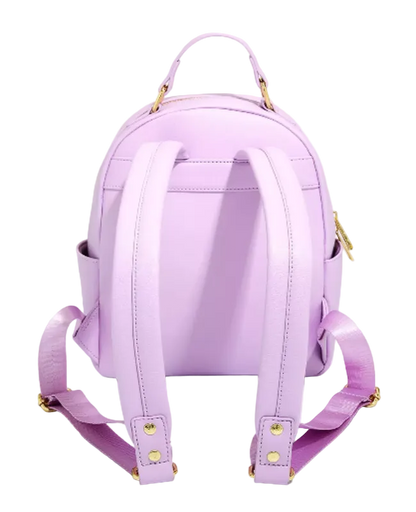 Lavender backpack with gold accents on a white background