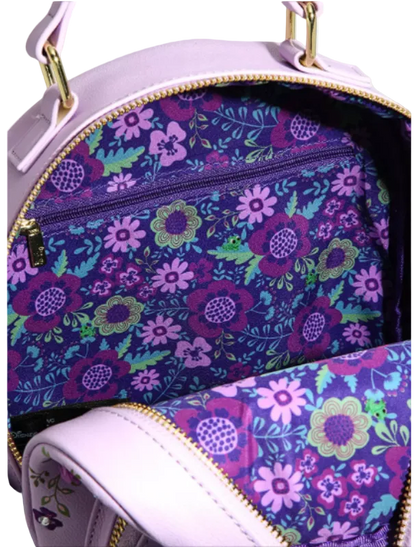 Floral-patterned handbag with a purple and pink color scheme.