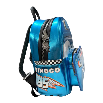 Blue backpack with racing car design and 'Dinoco' branding on a white background