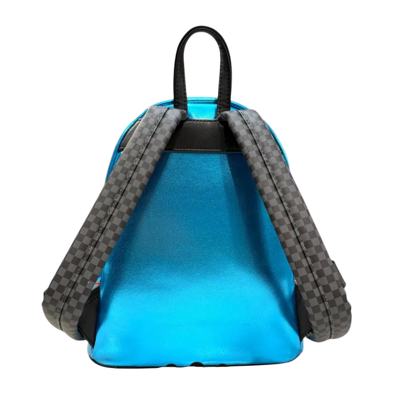 Blue backpack with checkered straps on a white background