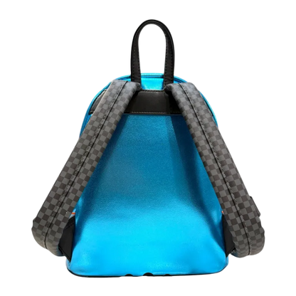 Blue backpack with checkered straps on a white background