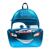 Blue backpack designed like a character with a face, featuring a 'Pixar' logo on a white background.