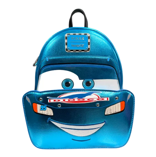 Blue backpack designed like a character with a face, featuring a 'Pixar' logo on a white background.